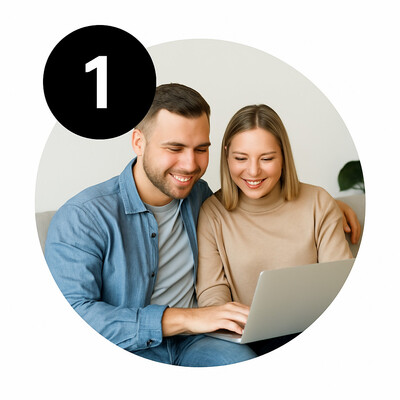 A smiling couple sits on a couch looking at a laptop together, appearing engaged and happy. A large black circle with a white number “1” is positioned in the top left of the circular image.