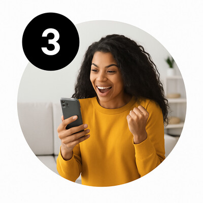 A joyful woman in a mustard yellow sweater holds a smartphone and pumps her fist in excitement. She sits on a light-colored couch in a bright room. A black circle with the white number “3” appears in the top left of the circular image.